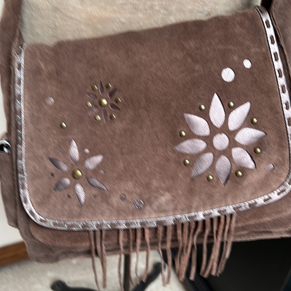 Brown Suede Leather Crossbody Handbag Gorgeous Metallic Boho Bag Leather Putse - Picture 3 of 16